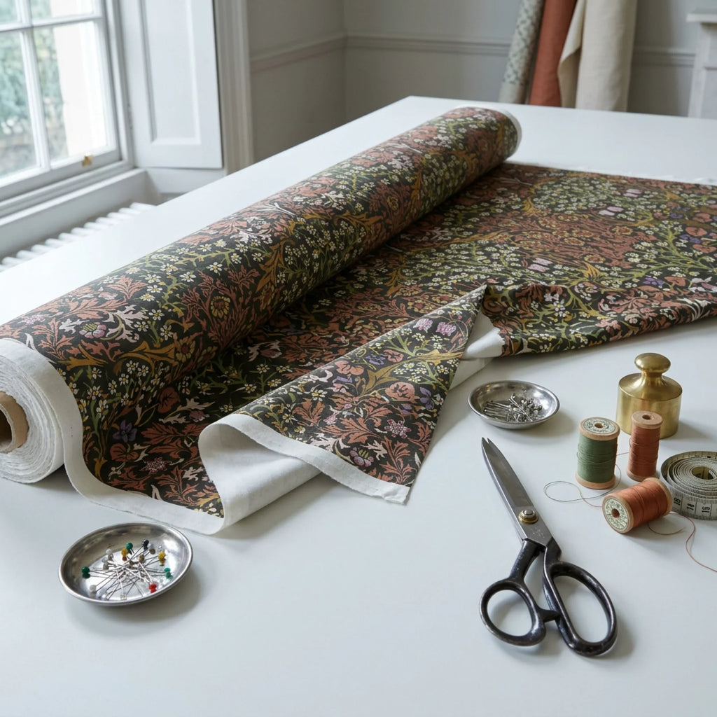 A roll of William Morris Blackthorn fabric in Secret Garden part-unrolled on a work table with scissors and thread.
