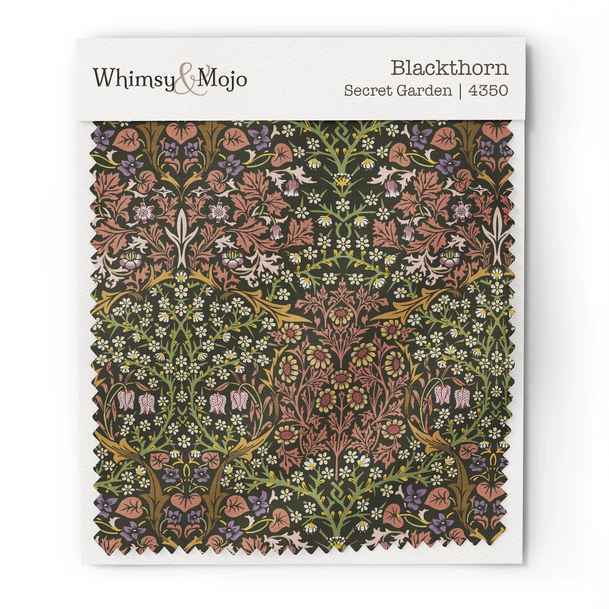 Fabric swatch of William Morris Blackthorn pattern in Secret Garden colorway, showing color and texture up close.