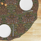 William Morris tablecloth round in earth tone Secret Garden Blackthorn floral design, with intricate vines and floral motifs, styled for cottagecore tablescapes and English country dining rooms.