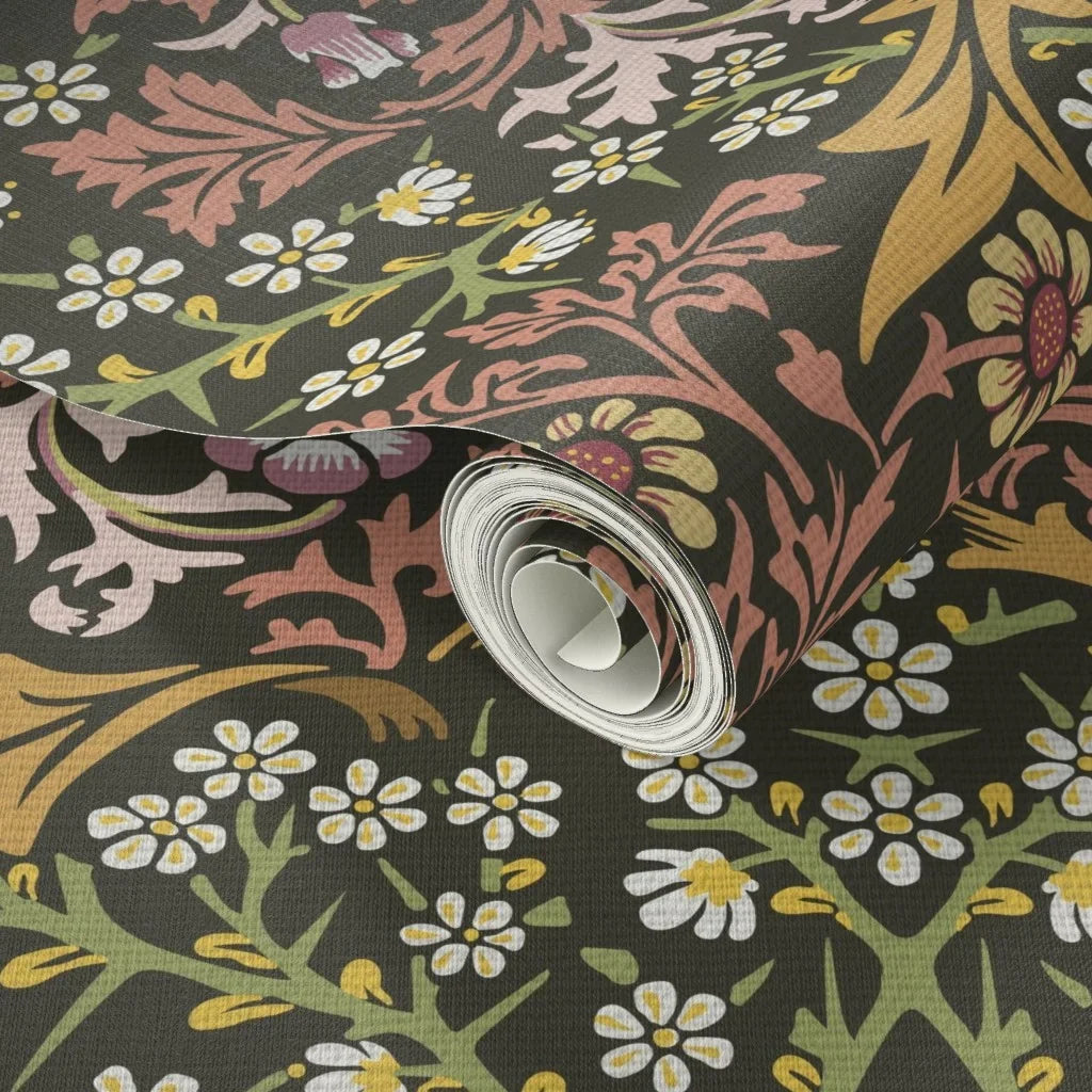 Wallpaper sample of William Morris Blackthorn in Secret Garden, showing the botanical pattern up close.