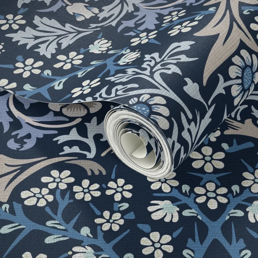 Close-up of William Morris Blackthorn wallpaper in Midnight Garden, showing the botanical pattern and color up close.