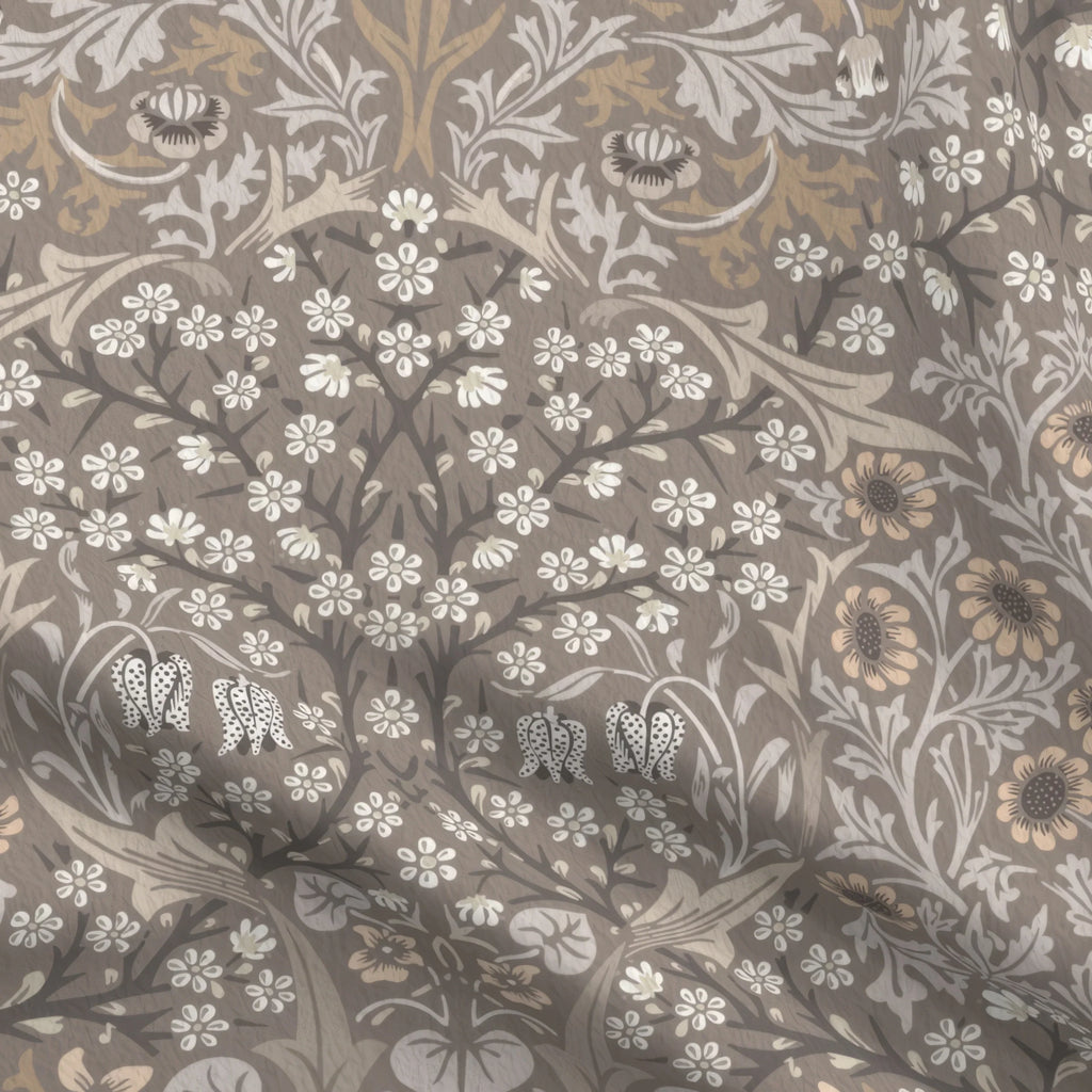 William Morris Blackthorn upholstery fabric in Heritage Taupe, close view of the printed cloth