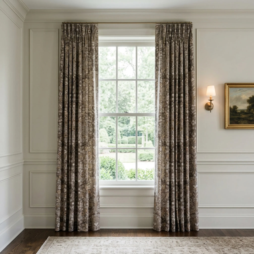 Blackthorn Heritage Taupe fabric sewn into pinch-pleat curtain panels in a panelled room
