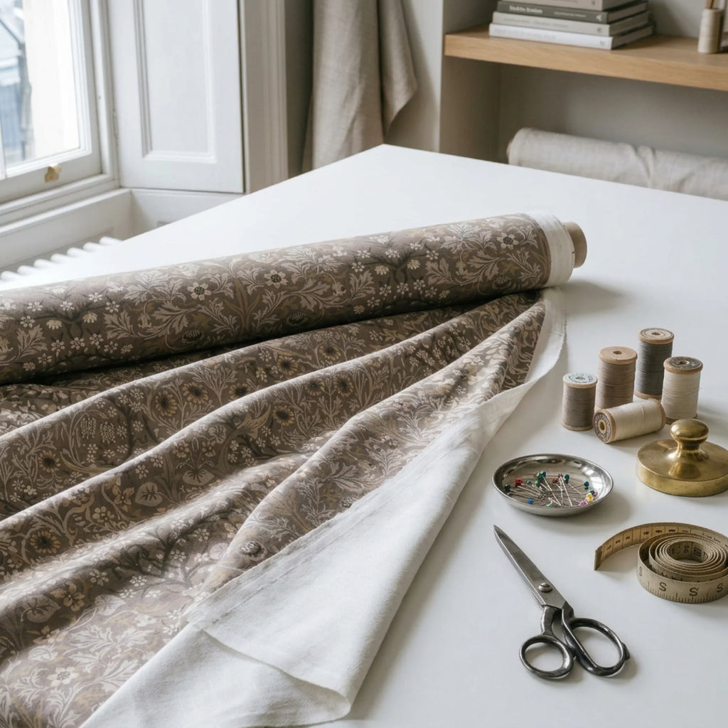 Blackthorn Heritage Taupe home decor fabric unrolled on a maker's cutting table with brass shears and thread spools