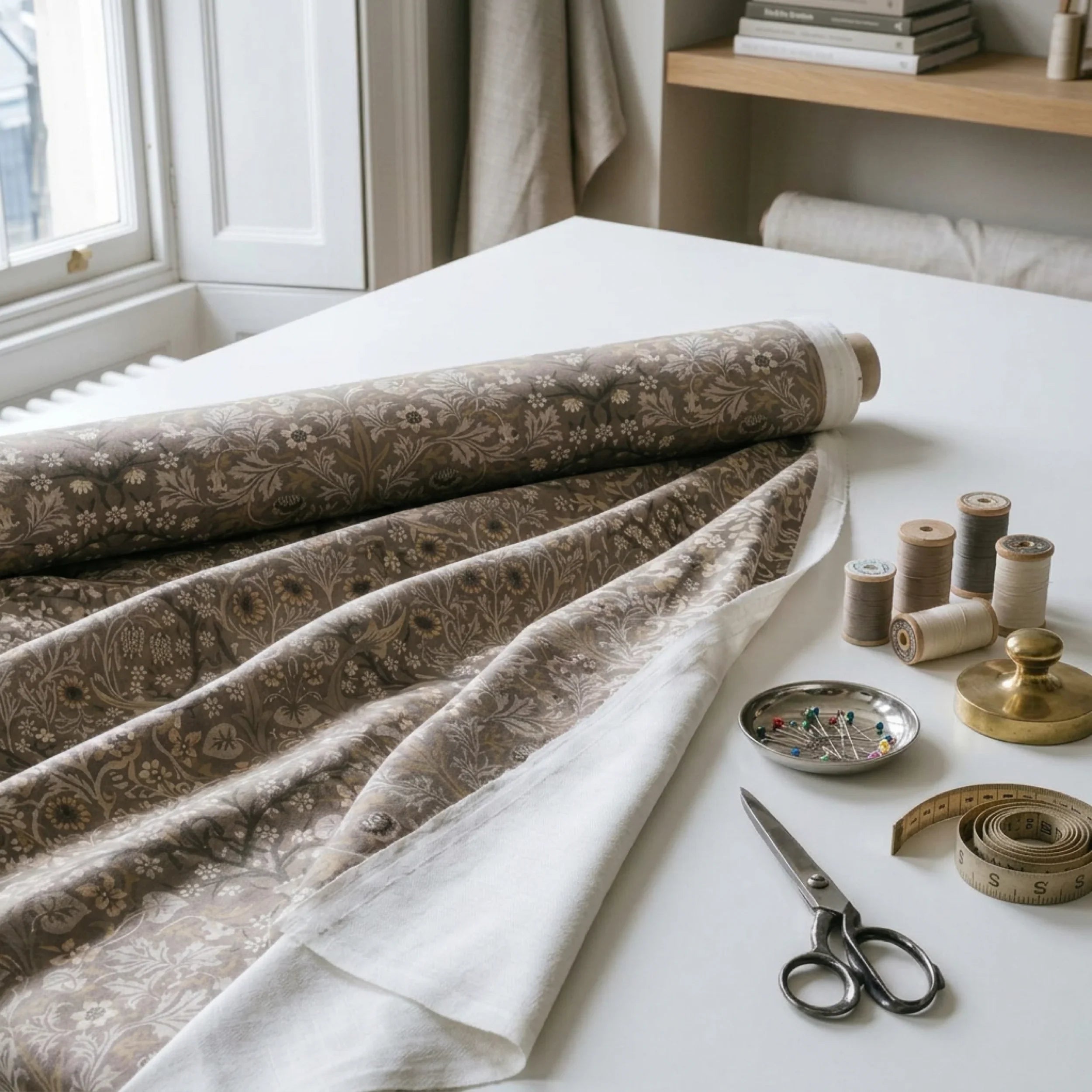 Blackthorn Heritage Taupe home decor fabric unrolled on a maker's cutting table with brass shears and thread spools