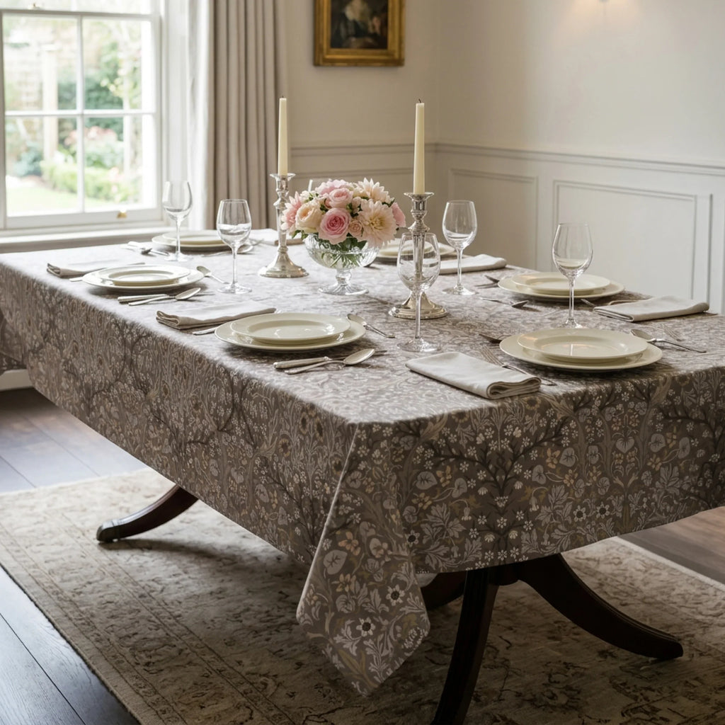 Blackthorn Heritage Taupe fabric used as a tablecloth on a set dining table
