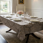 Blackthorn Heritage Taupe fabric used as a tablecloth on a set dining table