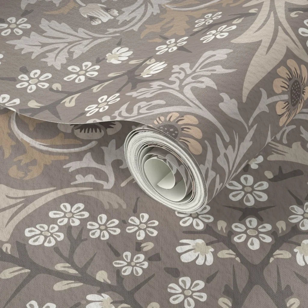 Wallpaper sample of William Morris Blackthorn in Heritage Taupe, showing the botanical pattern up close.