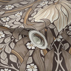 Decorative wallpaper William Morris Pimpernel design  in brown and beige tones.