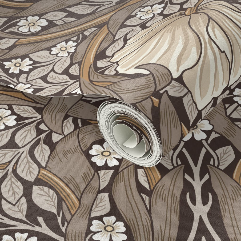 Decorative William Morris Pimpernel wallpaper in brown and beige tones.