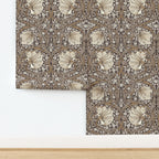 William Morris Pimpernel wallpaper with floral pattern in cozy brown, cocoa and cream tones.