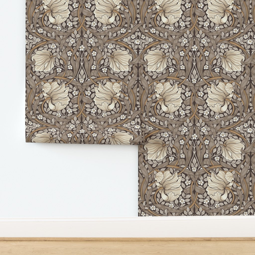 William Morris Pimpernel wallpaper with floral pattern in cozy brown, cocoa and cream tones.