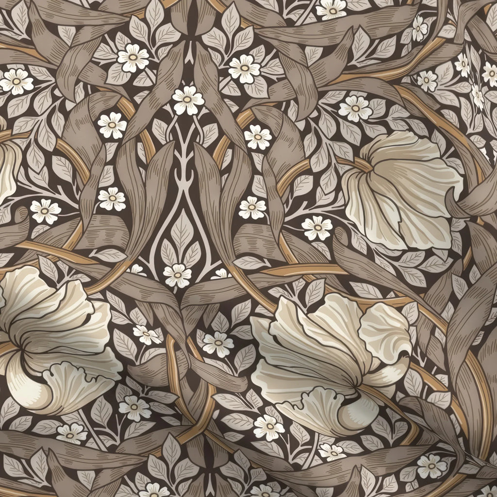 William Morris Pimpernel home decor fabric by the yard in Rich Cocoa, close view of the cloth