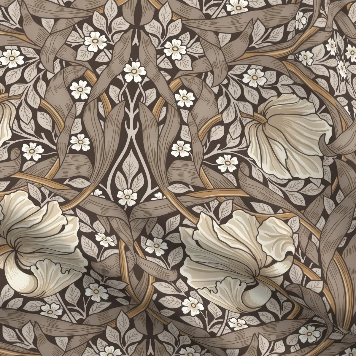 William Morris Pimpernel home decor fabric by the yard in Rich Cocoa, close view of the cloth