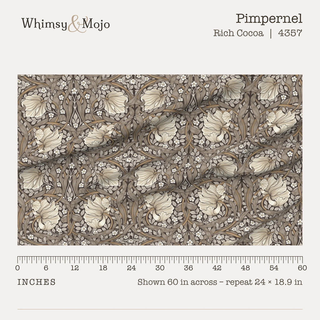 Pimpernel in Rich Cocoa shown 60 inches across with a ruler, pattern repeat 24 by 18.9 inches