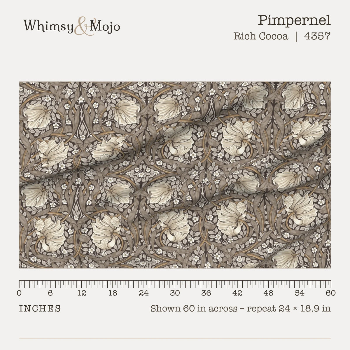 Pimpernel in Rich Cocoa shown 60 inches across with a ruler, pattern repeat 24 by 18.9 inches