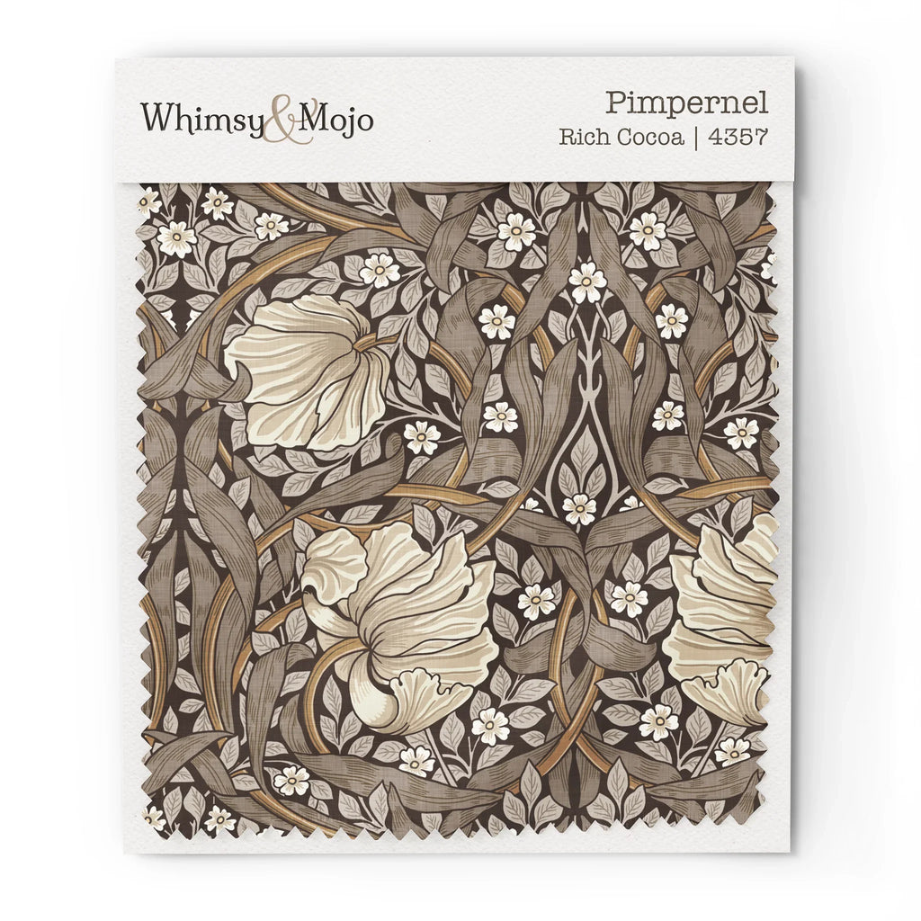 Fabric swatch of William Morris Pimpernel pattern in Rich Cocoa colorway, showing color and texture up close.