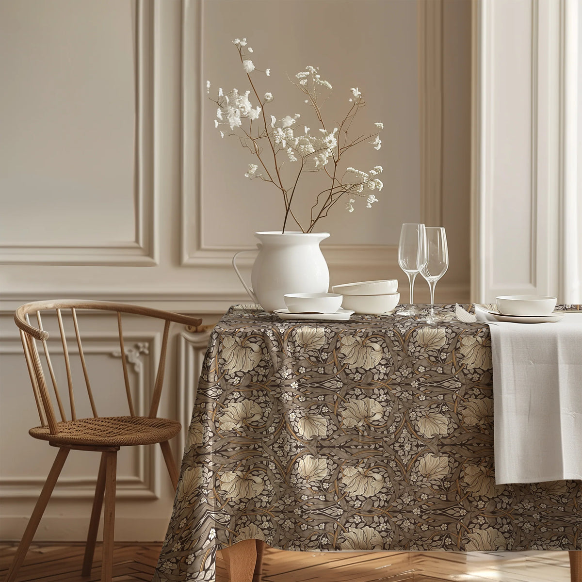 William Morris Pimpernel tablecloth in Rich Cocoa in a styled dining room