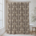 William Morris Pimpernel extra long shower curtain in Rich Cocoa 4357: cream tulips and taupe leaves on a deep chocolate-brown ground. Floor-length cotton sateen hung from a high-mounted rod in a bright bathroom, handmade to order in 84, 96 and 108 inch lengths.