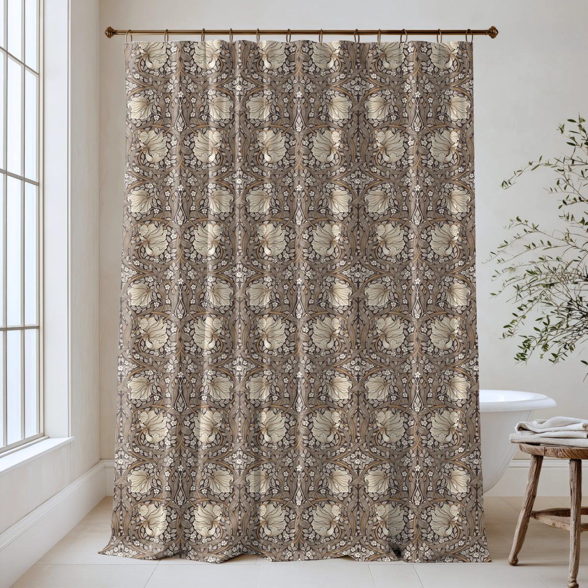 William Morris Pimpernel extra long shower curtain in Rich Cocoa 4357: cream tulips and taupe leaves on a deep chocolate-brown ground. Floor-length cotton sateen hung from a high-mounted rod in a bright bathroom, handmade to order in 84, 96 and 108 inch lengths.