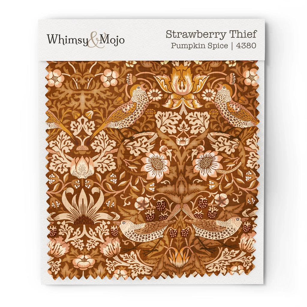 Fabric swatch of William Morris Strawberry Thief pattern in Pumpkin Spice colorway, showing the bird and berry motif up close for color and texture reference.