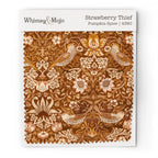 Fabric swatch of William Morris Strawberry Thief pattern in Pumpkin Spice colorway, showing the bird and berry motif up close for color and texture reference.