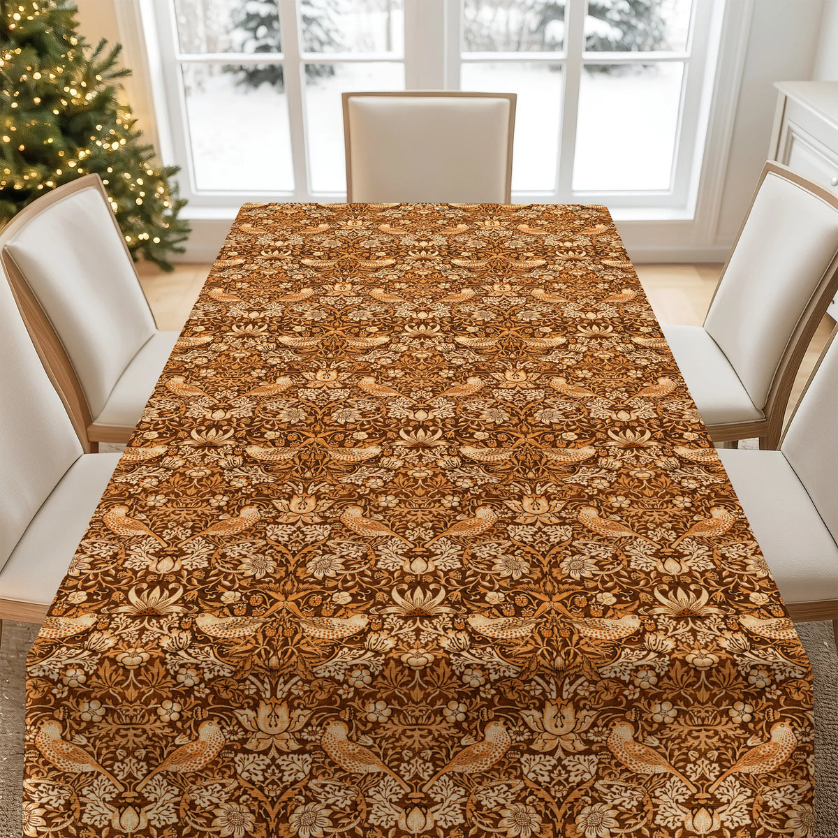 William Morris Strawberry Thief tablecloth in Pumpkin Spice on a set autumn table