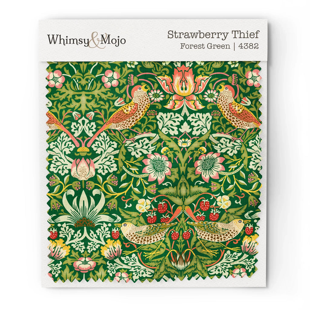 Fabric swatch of William Morris Strawberry Thief pattern in Forest Green colorway, showing the bird and berry motif up close for color and texture reference.