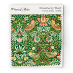 Fabric swatch of William Morris Strawberry Thief pattern in Forest Green colorway, showing the bird and berry motif up close for color and texture reference.