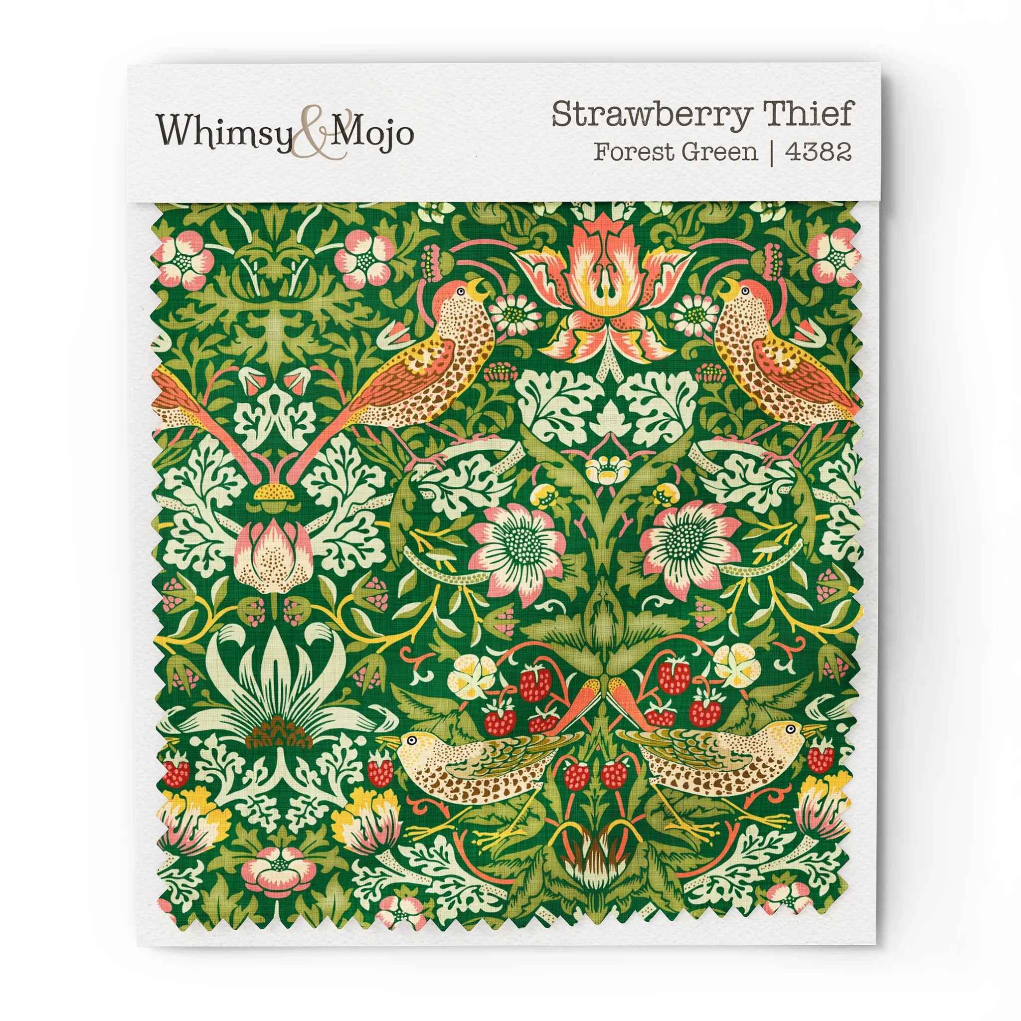 Fabric swatch of William Morris Strawberry Thief pattern in Forest Green colorway, showing the bird and berry motif up close for color and texture reference.