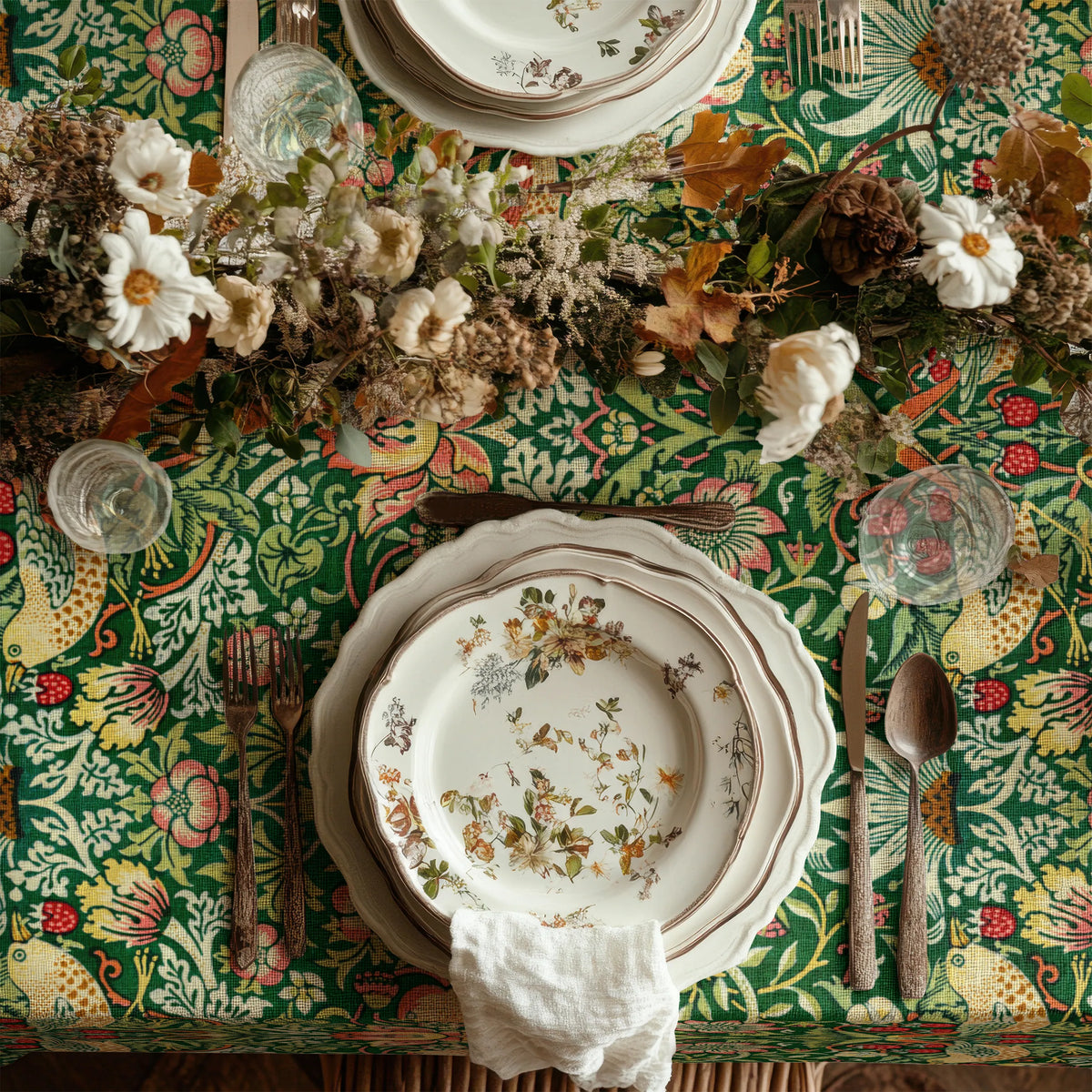William Morris Strawberry Thief tablecloth in Forest Green draped over a table edge