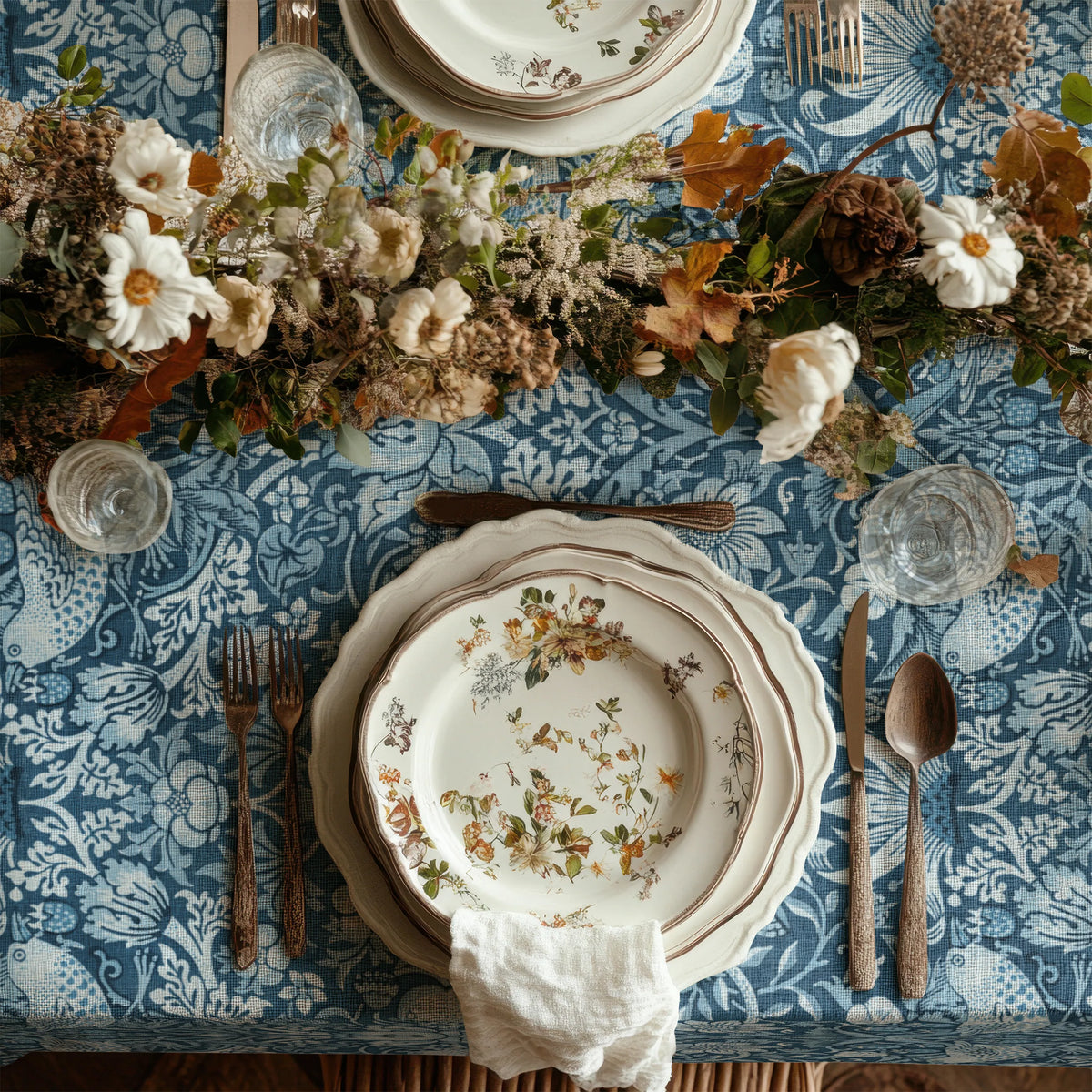 William Morris Strawberry Thief tablecloth in Chambray Blue draped over a table edge