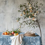 Close view of the Strawberry Thief pattern in Chambray Blue on cotton sateen