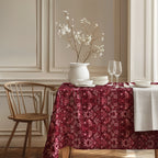 William Morris Strawberry Thief tablecloth in Crimson Berry in a styled dining room