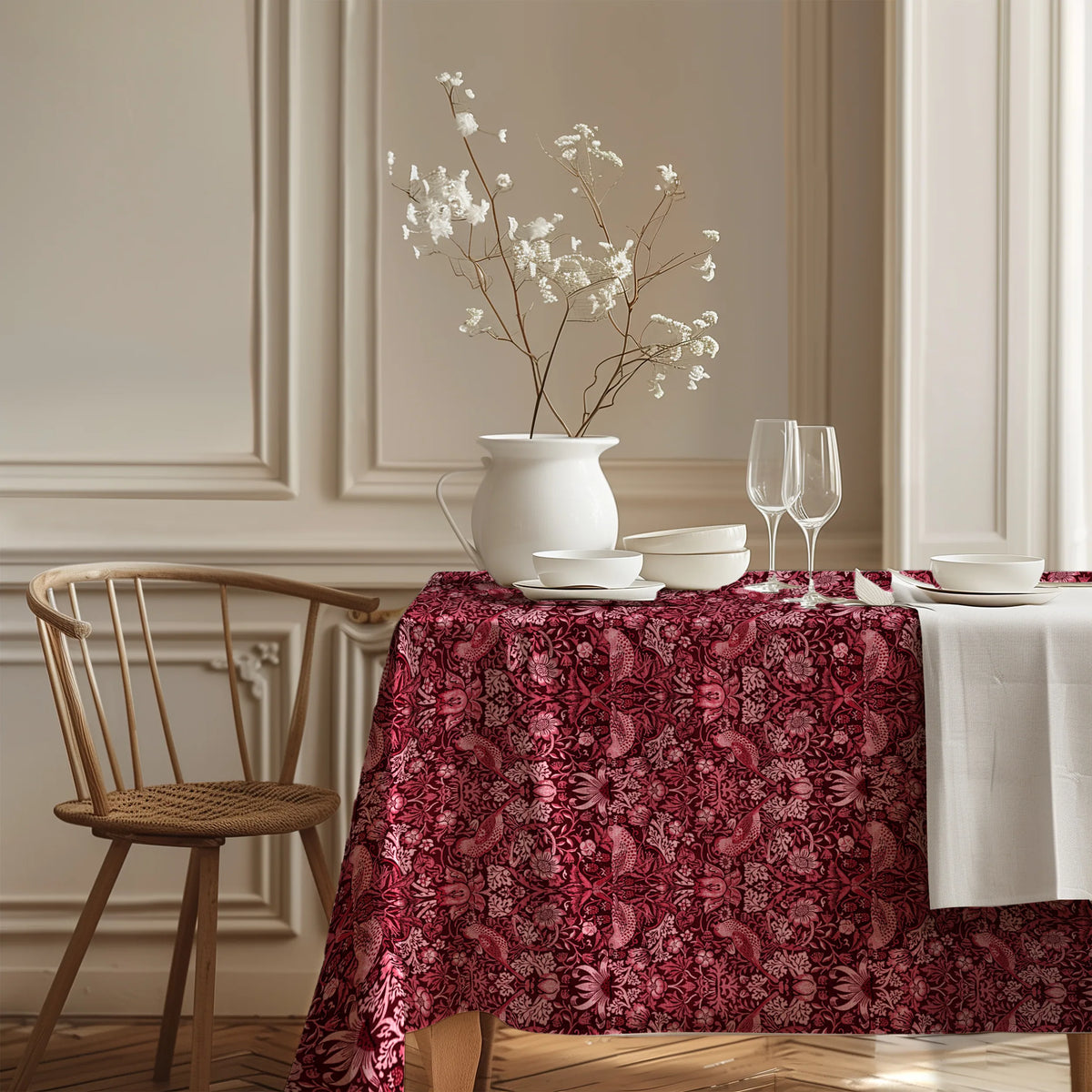 William Morris Strawberry Thief tablecloth in Crimson Berry in a styled dining room