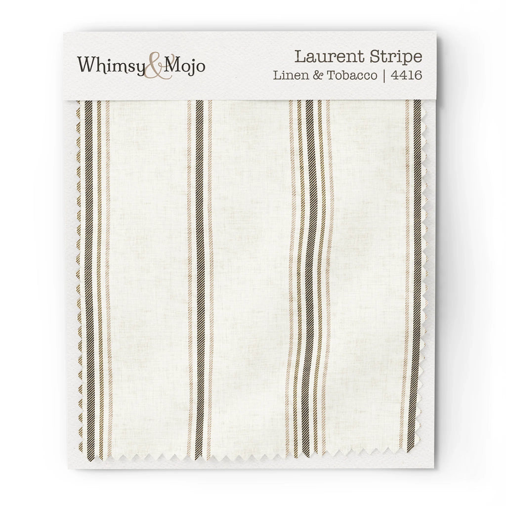 Wallpaper sample of Laurent Stripe pattern in Linen & Tobacco colorway, showing the French Country stripe design up close.