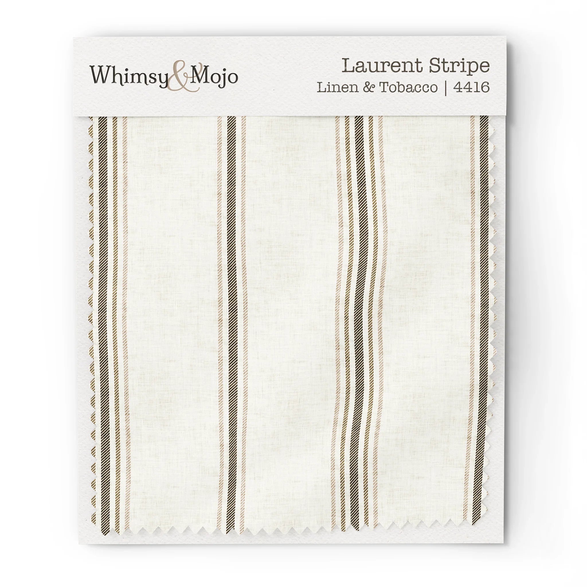Wallpaper sample of Laurent Stripe pattern in Linen & Tobacco colorway, showing the French Country stripe design up close.