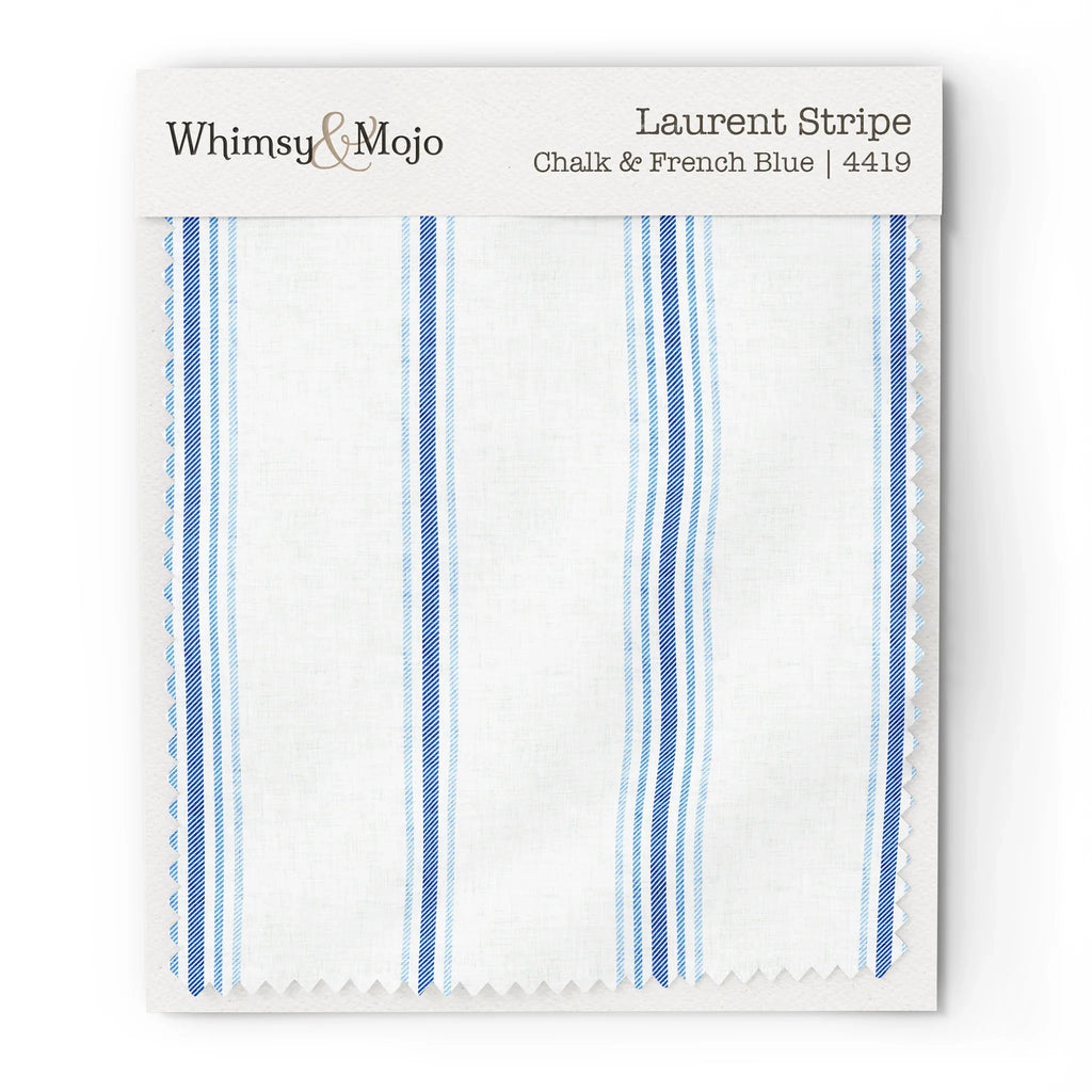 Wallpaper sample of Laurent Stripe pattern in Chalk & French Blue colorway, showing the French Country stripe design up close.