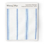 Wallpaper sample of Laurent Stripe pattern in Chalk & French Blue colorway, showing the French Country stripe design up close.