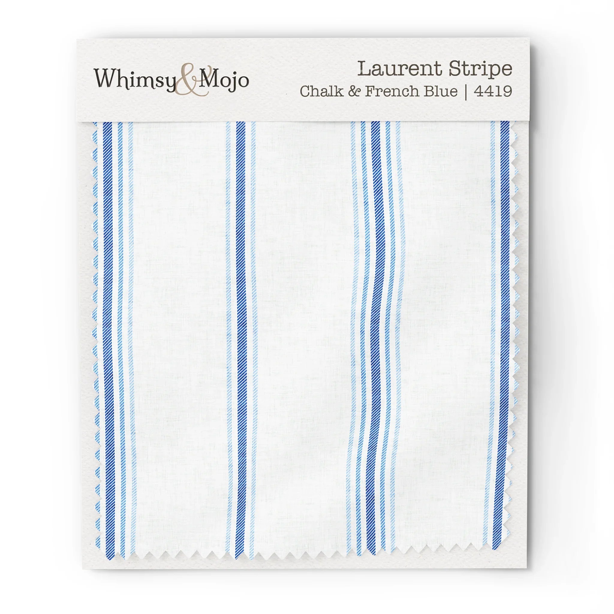 Wallpaper sample of Laurent Stripe pattern in Chalk & French Blue colorway, showing the French Country stripe design up close.