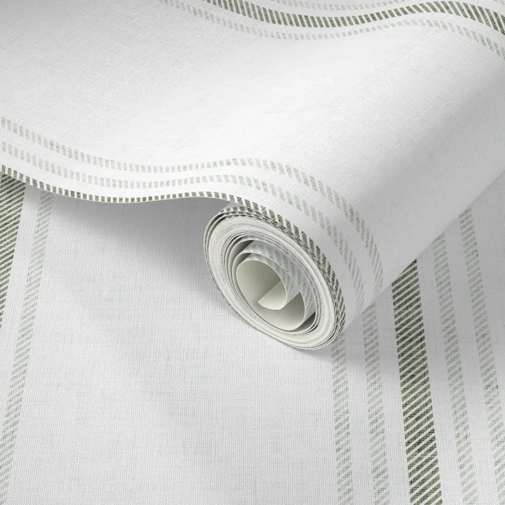 Wallpaper sample of Laurent Stripe in Provence Sage, showing the French Country stripe design up close.