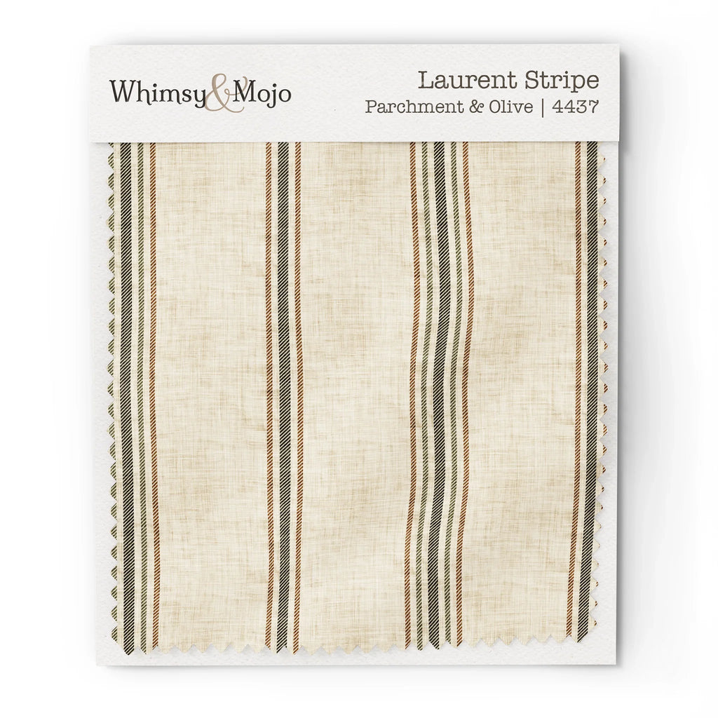 Wallpaper sample of Laurent Stripe pattern in Parchment & Olive colorway, showing the French Country stripe design up close.