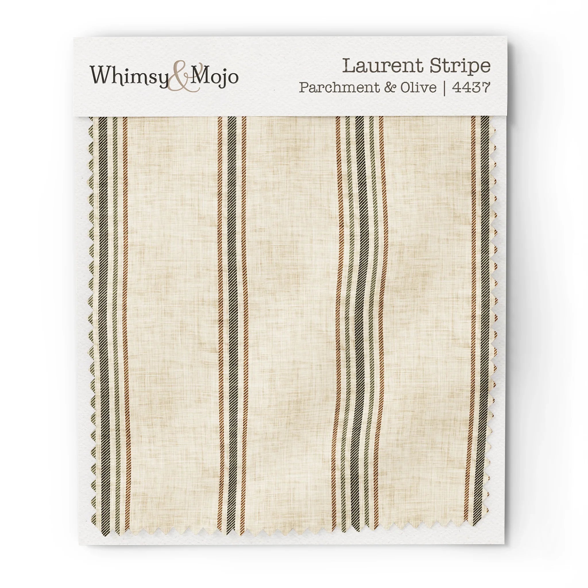 Wallpaper sample of Laurent Stripe pattern in Parchment & Olive colorway, showing the French Country stripe design up close.
