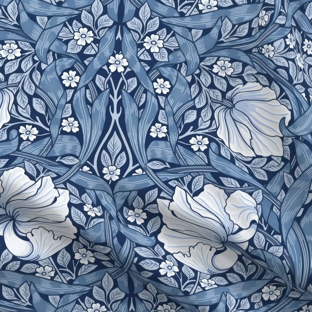 William Morris Pimpernel home decor fabric by the yard in Elegant Blue, close view of the cloth
