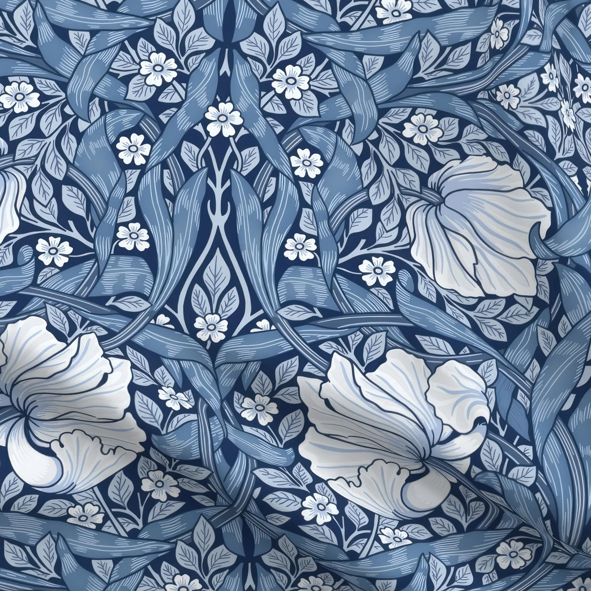 William Morris Pimpernel home decor fabric by the yard in Elegant Blue, close view of the cloth