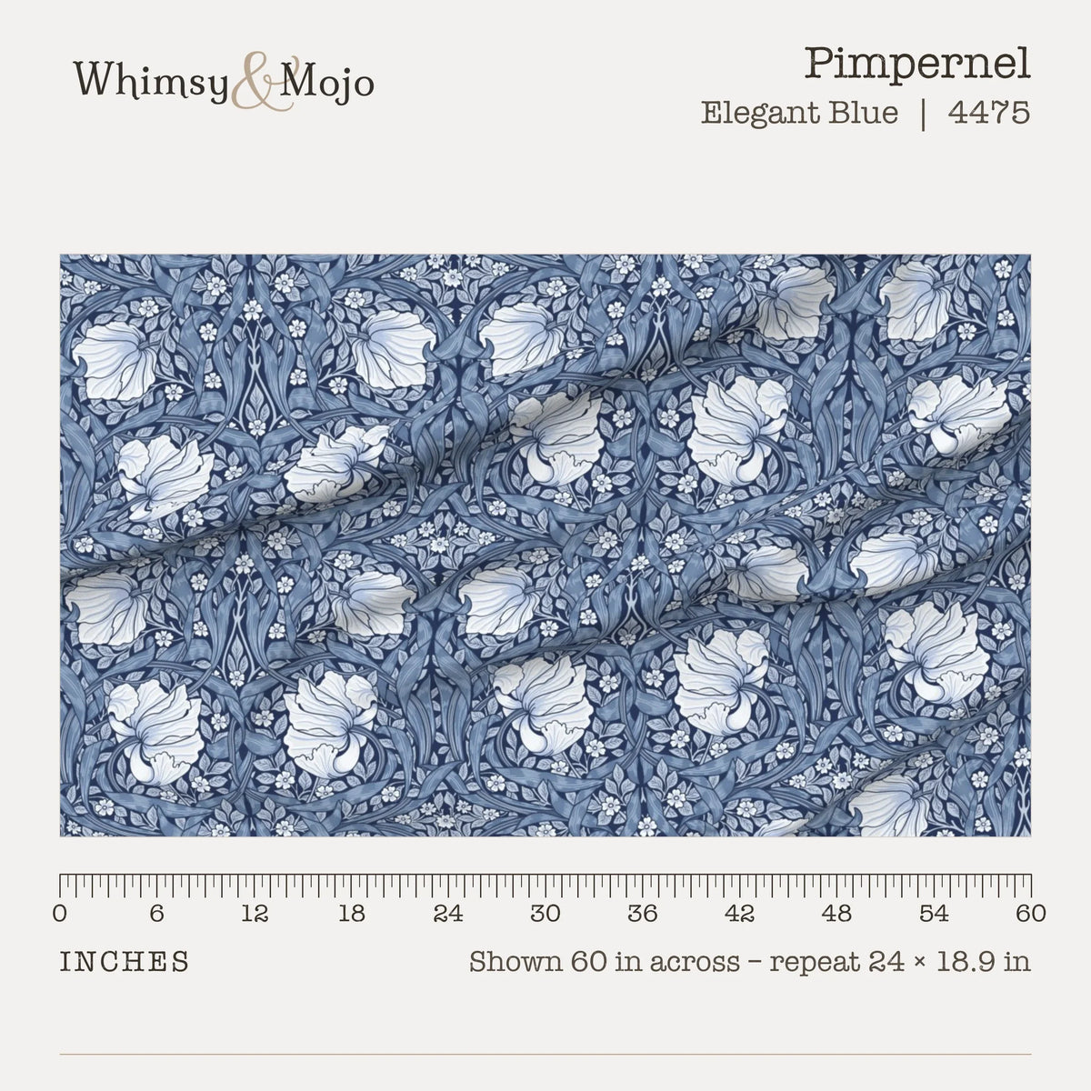 Pimpernel in Elegant Blue shown 60 inches across with a ruler, pattern repeat 24 by 18.9 inches