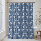 William Morris Pimpernel extra long shower curtain in Elegant Blue 4475: white tulips and pale blue leaves on a rich French-blue ground. Floor-length cotton sateen hung from a high-mounted rod in a bright bathroom, handmade to order in 84, 96 and 108 inch lengths.