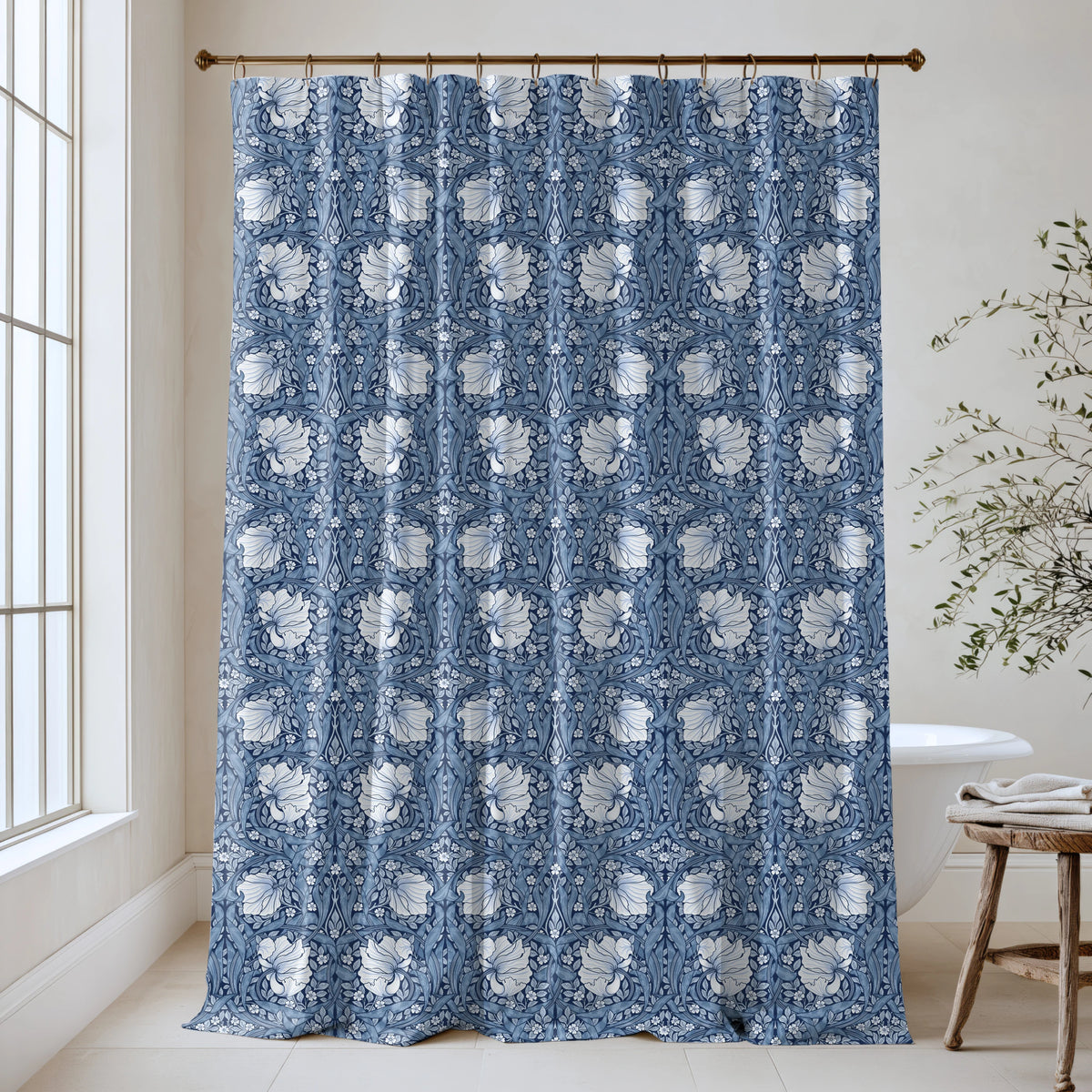 William Morris Pimpernel extra long shower curtain in Elegant Blue 4475: white tulips and pale blue leaves on a rich French-blue ground. Floor-length cotton sateen hung from a high-mounted rod in a bright bathroom, handmade to order in 84, 96 and 108 inch lengths.