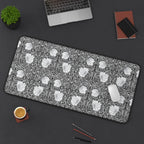 Pimpernel William Morris desk mat mouse pad on a dark surface with office items.