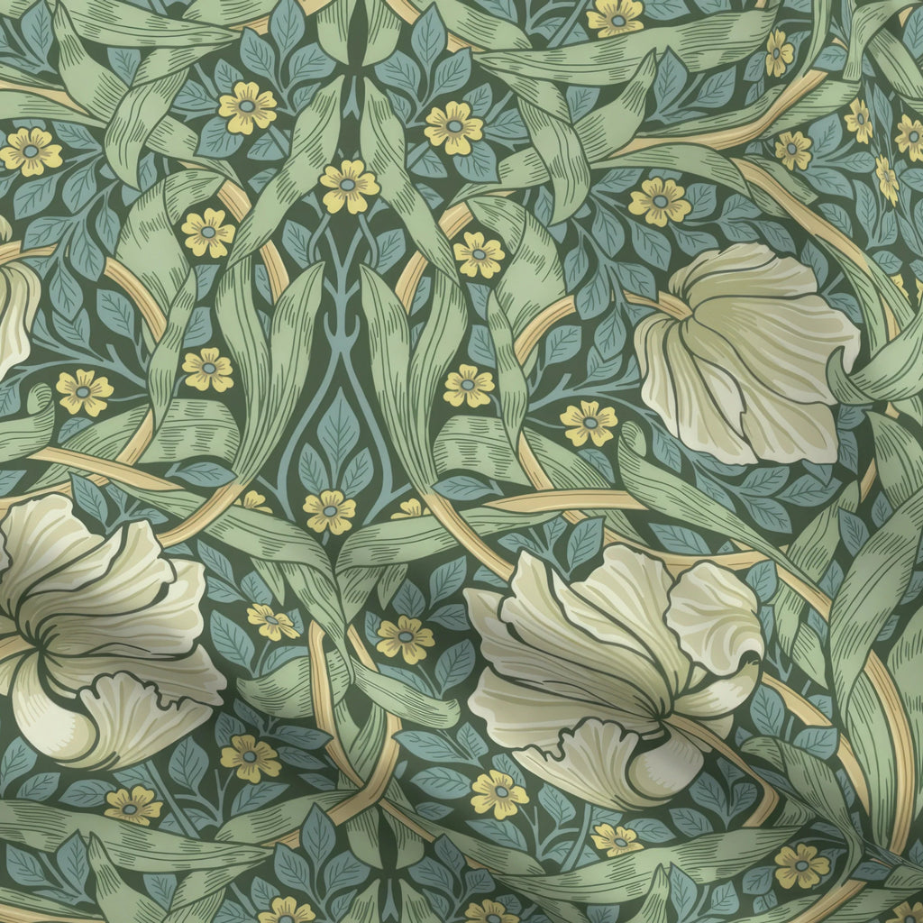 William Morris Pimpernel upholstery fabric by the yard in Heritage Green, close view of the cloth